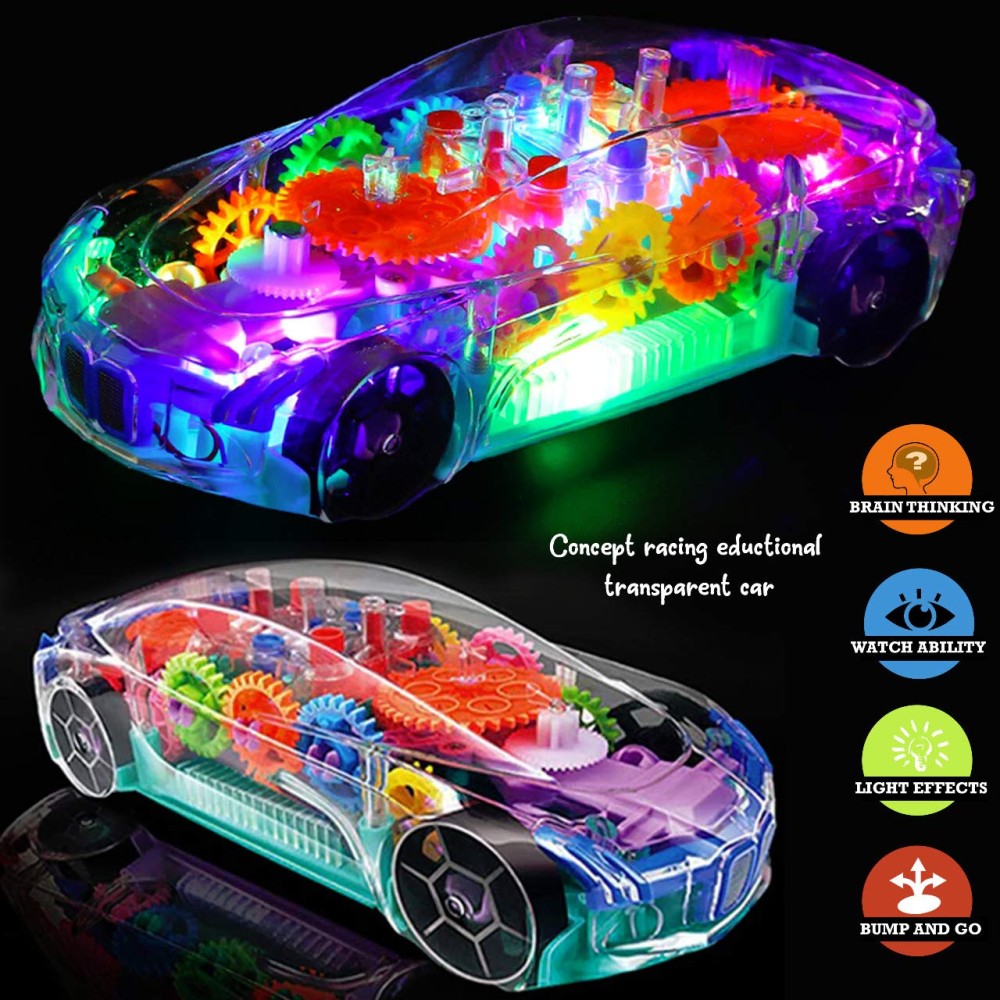 Concept Racing Car Toy Musical Toys 360 Degrees Rotating Transparent Car with Music & 3D Flashing Lights for Kids Toy