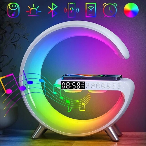 G63 Speaker Lamp - APP Control 3 in 1 Multi-Function Bluetooth Speaker With Wireless Charging, RGB Light and Alarm Clock - Charger G Lamp with Sunrise Alarm for Bedroom & Bedside table (G Speaker)